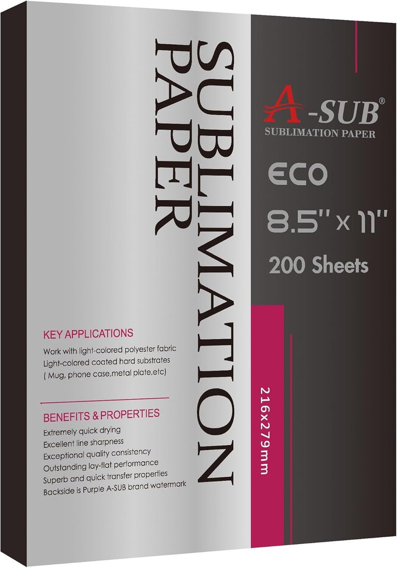 A-SUB Sublimation Paper 8.5x11 Inch-200 Sheets Heat Transfer Paper for Light Colored Fabric and Other Blanks, Works with Inkjet Printer and Sublimation Ink 125g - Image 1